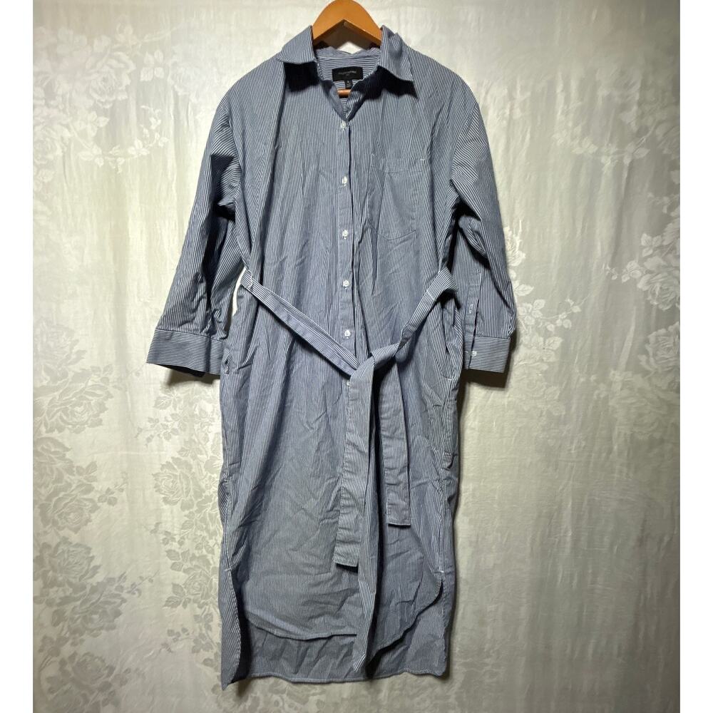 Banana Republic Midi Shirt Dress Large PETITE Blue White PinStriped Belted